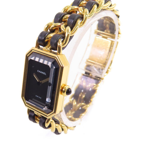 CHANEL GHW Premiere L Quartz Watch SS Leather Gold Plated H0001 Black v2