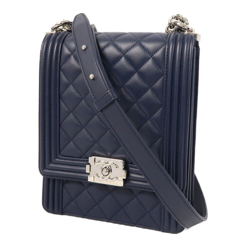 CHANEL Quilted CC SHW Boy North South Chain Shoulder Bag Lambskin Leather Blue