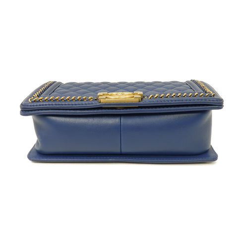 CHANEL Quilted CC GHW Boy 25 2way Chain Shoulder Bag Lambskin Leather Blue