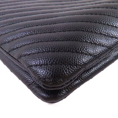 CHANEL Herringbone SHW CC Clutch Bag Pouch Calfskin Leather Black