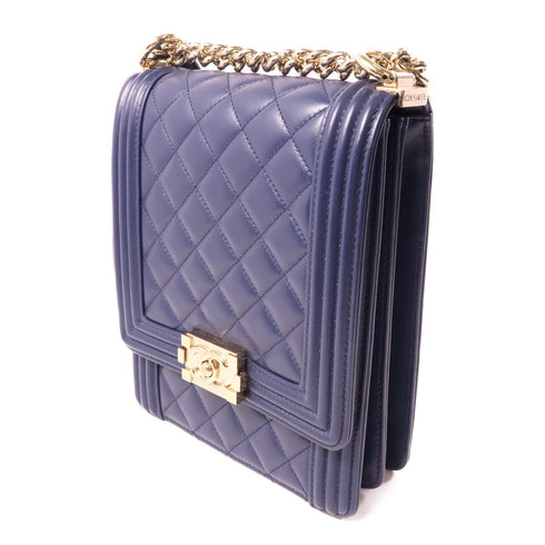 CHANEL CC GHW Le Boy Shoulder Bag Lambskin Leather Navy
