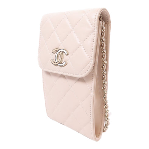 CHANEL Quilted CC GHW Chain Phone Shoulder Bag Lambskin Leather Beige