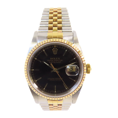 ROLEX Datejust 36mm Automatic Watch 16233 SS 18K Yellow Gold Black