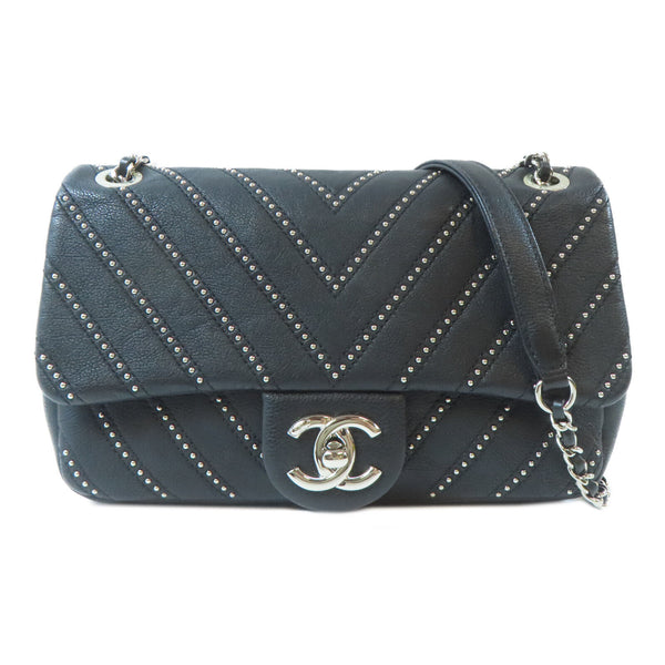 CHANEL Herringbone CC SHW Chain Shoulder Handbag Calfskin Leather Black