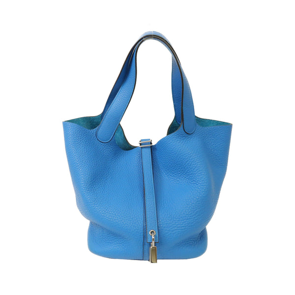 HERMES PHW Picotin MM Handbag Clemence Leather Blue