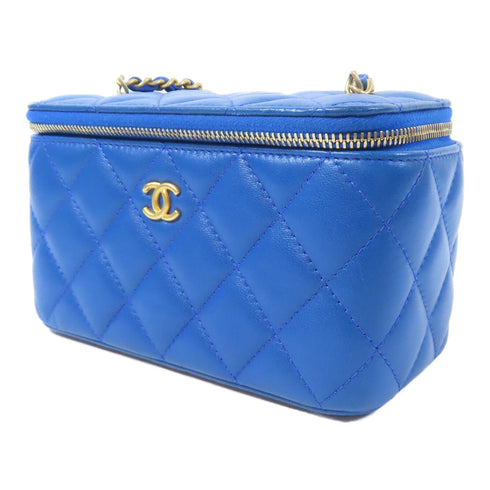 CHANEL Quilted CC GHW Vanity Case Chain Shoulder Bag Lambskin Leather Blue