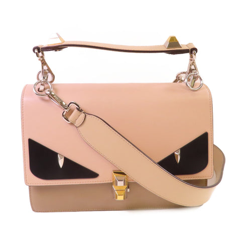 FENDI GHW Monster Handbag Shoulder Bag Calfskin Leather Beige Brown