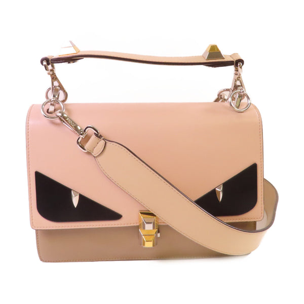 FENDI GHW Monster Handbag Shoulder Bag Calfskin Leather Beige Brown