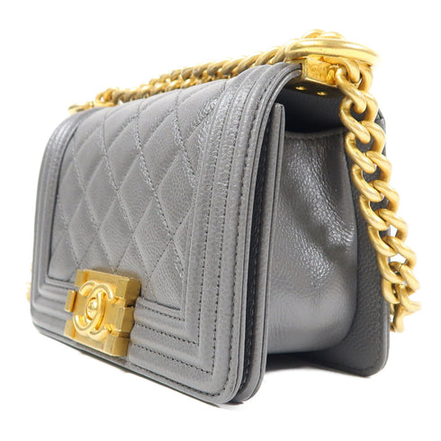 CHANEL Quilted CC GHW Mini Boy Chain Shoulder Bag Leather Grey