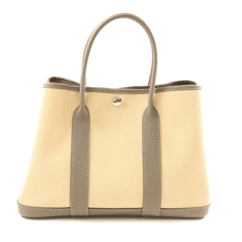 HERMES PHW Garden Party TPM Handbag Canvas Leather Beige Gray Grey