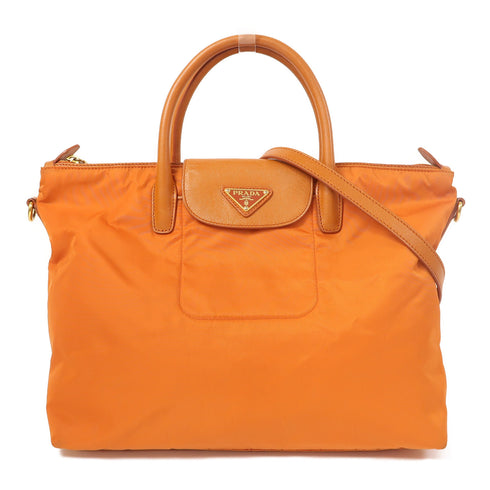 PRADA GHW 2 Way Shoulder Tote Bag Nylon/Calfskin Leather Orange