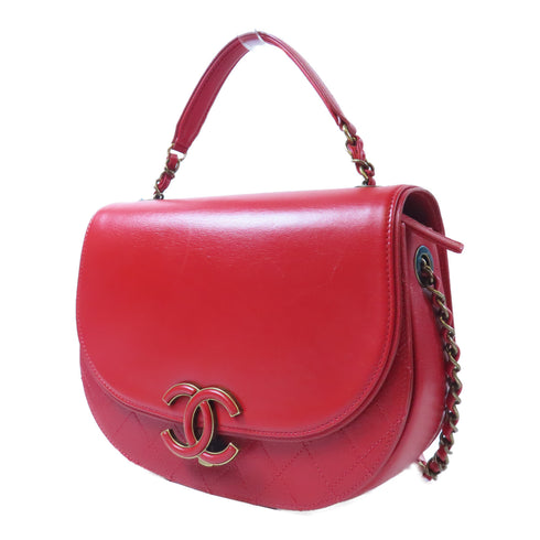 CHANEL Quilted CC GHW 2 Way Chain Shoulder Bag Calfskin Leather Red