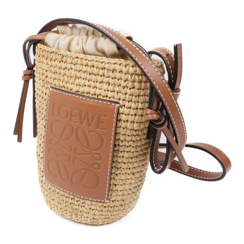 LOEWE Raffia Bucket Shoulder Bag Calfskin Leather Beige Brown