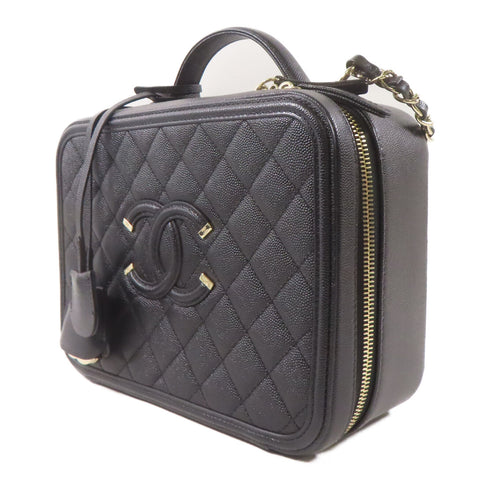 CHANEL CC GHW Filigree Vanity Case 2 Way Shoulder Handbag Calfskin Leather Black