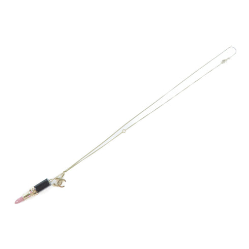 CHANEL CC Necklace Metal Crystal Gold Pink Black #60cm