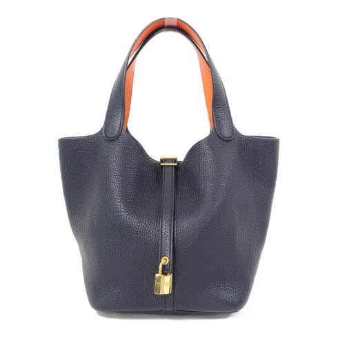 HERMES GHW Picotin MM Hand Bag/Bucket Tote Bag Clemence Leather Midnight/Orange