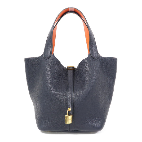 HERMES GHW Picotin MM Hand Bag/Bucket Tote Bag Clemence Leather Midnight/Orange