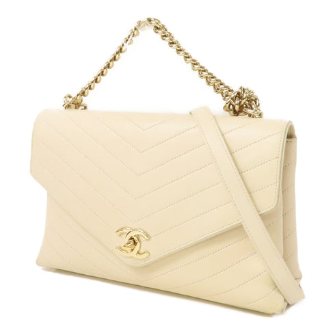 CHANEL Herringbone CC GHW 2 Way Chain Shoulder Bag Calfskin Leather Beige