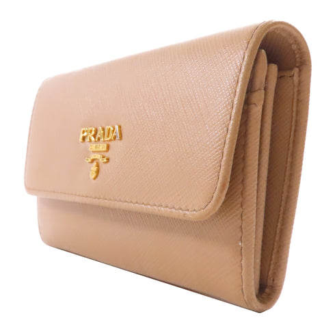 PRADA GHW Card Case With Chain Saffiano Leather Beige