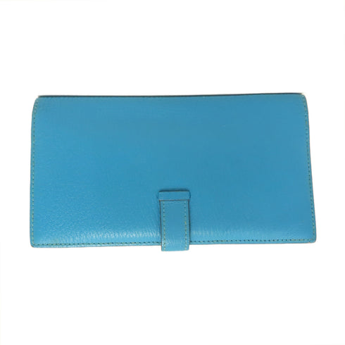 HERMES PHW Bearn Long Wallet Chevre Leather Stamp R 7N Blue Azteque