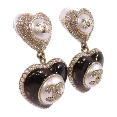 CHANEL CC GHW CC Heart Earrings B22/B Metal PVC Rhinestones White Black