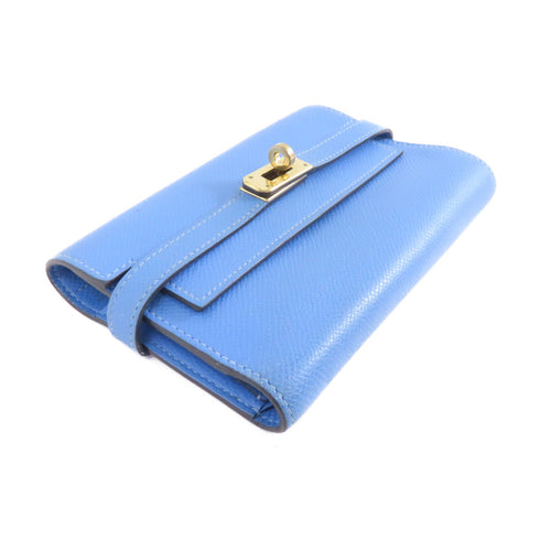 HERMES GHW Kelly Compact Wallet Veau Epsom Leather Blue Paradis