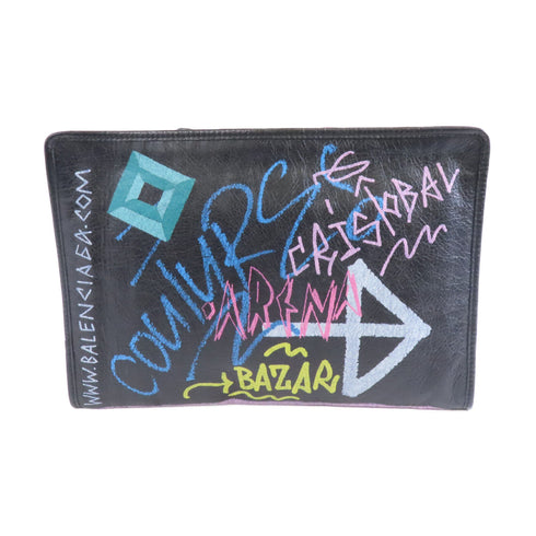 BALENCIAGA SHW Clutch Bag Pouch Calfskin Leather Black