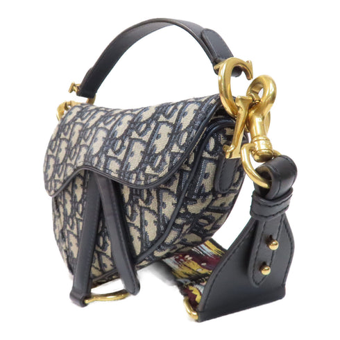 Christian Dior CD GHW Saddle Flap Bag 2 Way Bag Canvas Navy/Beige