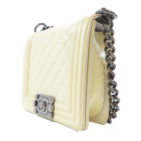 CHANEL Quilted CC SH Boy Chanel Chain Shoulder Bag Patent Leather White