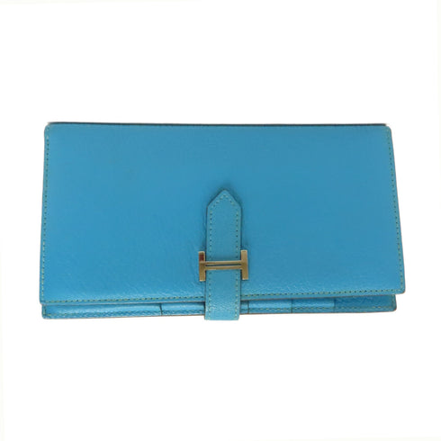 HERMES PHW Bearn Long Wallet Chevre Leather Stamp R 7N Blue Azteque
