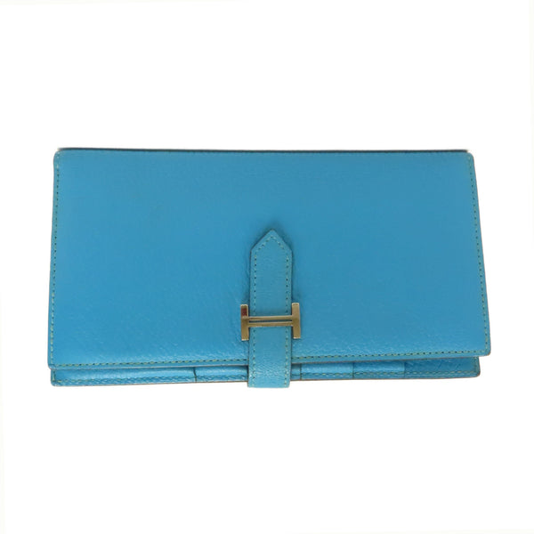 HERMES PHW Bearn Long Wallet Chevre Leather Stamp R 7N Blue Azteque