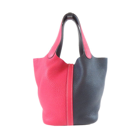 HERMES GHW Picotin PM Tote Bag Handbag Taurillon Clemence Leather Dark Blue Pink