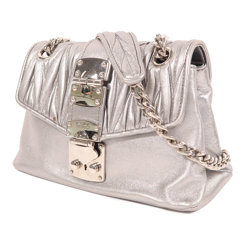 Miu Miu SHW Chain Shoulder Bag Calfskin Leather Silver