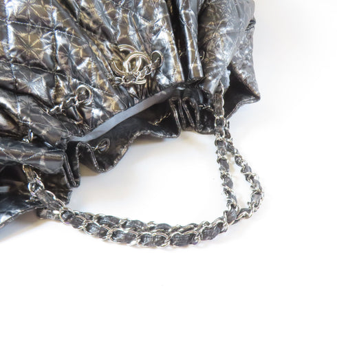 CHANEL Quilted CC SHW Shoulder Handbag Nylon Black Silver Gray