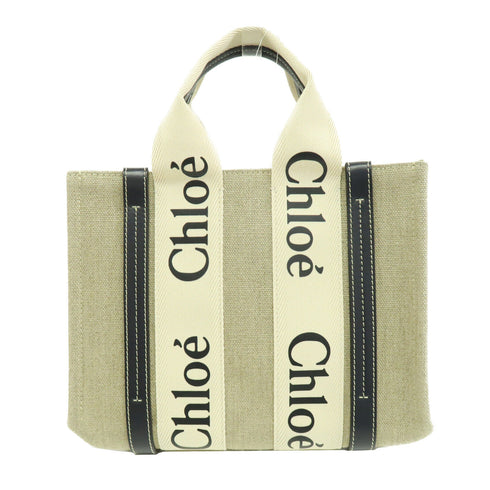 Chloe GHW Mini Woody Tote 2 Way Shoulder Bag Calfskin Leather Canvas Beige Black