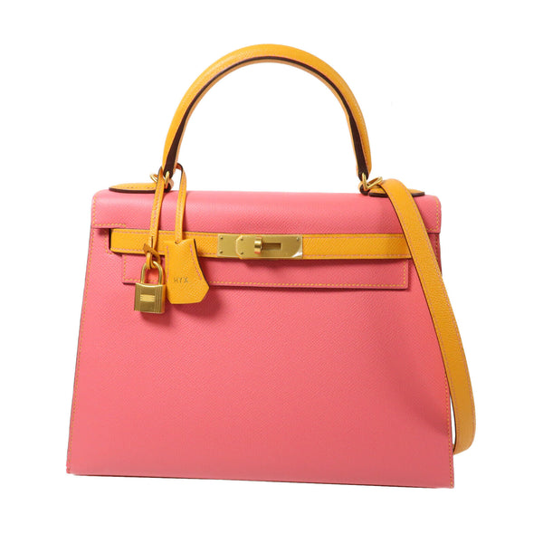 HERMES GHW Kelly 28 2 Way Shoulder Bag Handbag Epsom Leather Pink/Yellow