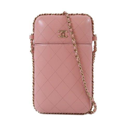 CHANEL Quilted CC GHW Phone Box Chain Shoulder Crossbody Phone Bag Lambskin Pink