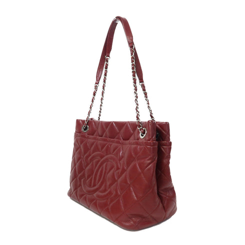 CHANEL Quilted CC SHW Hand Bag Calfskin Leather Red