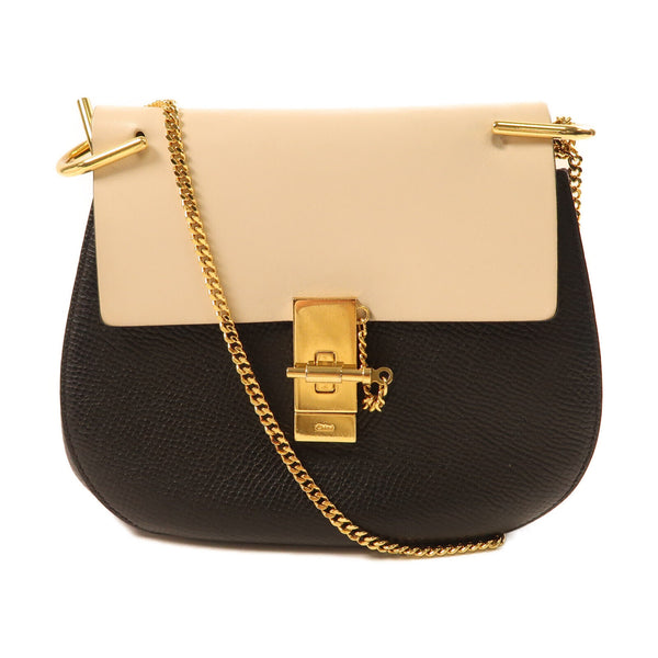 Chloe GHW Drew Bag Chain Shoulder Bag Calfskin Leather Black/White