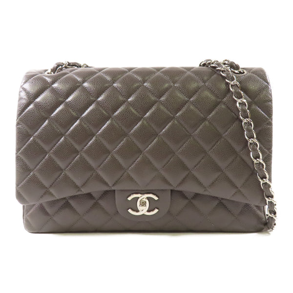 CHANEL CC SHW Maxi Classic Chain Shoulder Bag Calfskin Leather Gray Grey