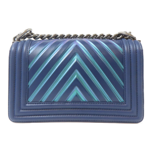 CHANEL Herringbone CC SHW Le Boy Chain Shoulder Calfskin Leather Neon Blue Green