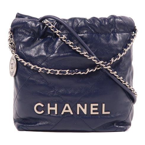 CHANEL CC SHW Mini 22 Chain Shoulder Bag Calfskin Leather Navy
