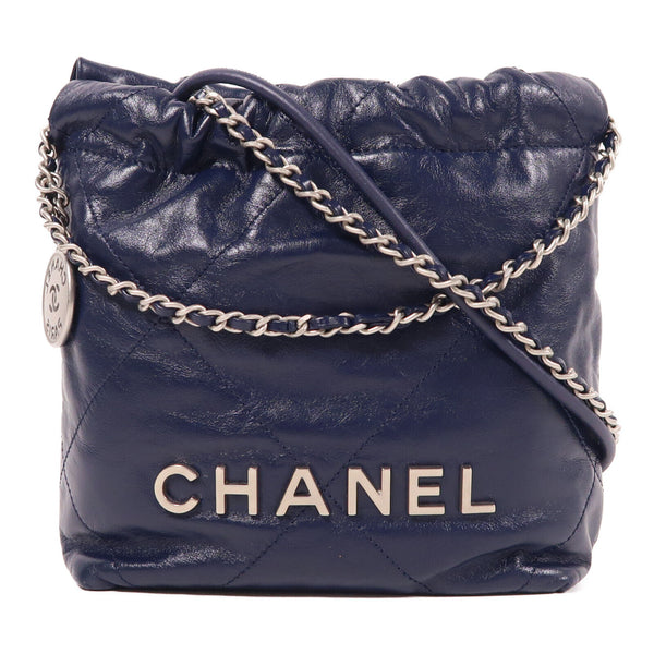 CHANEL CC SHW Mini 22 Chain Shoulder Bag Calfskin Leather Navy