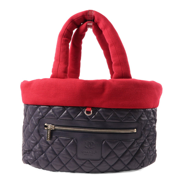 CHANEL Quilted CC SHW Coco Cocoon Hand Bag Calfskin Leather Navy/Red