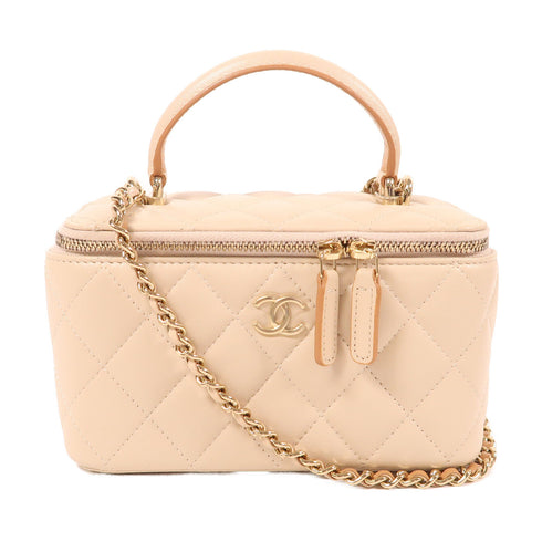 CHANEL CC GHW Vanity Case 2 Way Shoulder Bag Lambskin Leather Beige