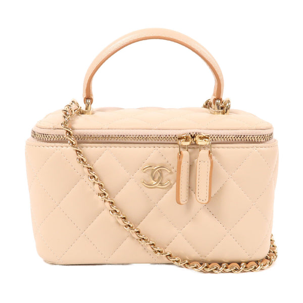 CHANEL CC GHW Vanity Case 2 Way Shoulder Bag Lambskin Leather Beige