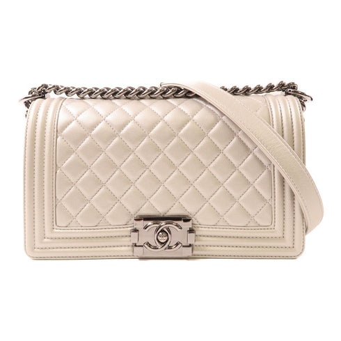 CHANEL CC SHW Boy 25 Chain Shoulder Bag 67086 Calfskin Leather Silver