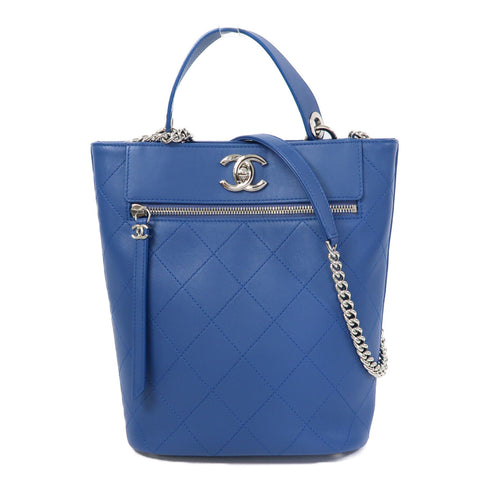 CHANEL Quilted CC SHW Chain Shoulder Bucket Bag Handbag Calfskin Leather Blue