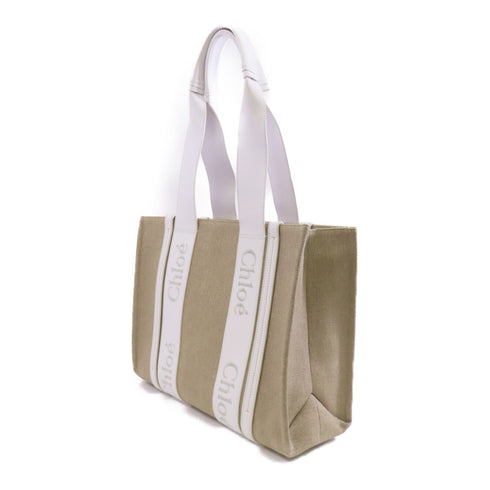 Chloe Medium Woody Tote Bag Handbag Canvas Beige White