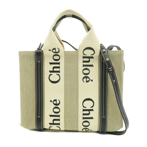Chloe GHW Mini Woody Tote 2 Way Shoulder Bag Calfskin Leather Canvas Beige Black